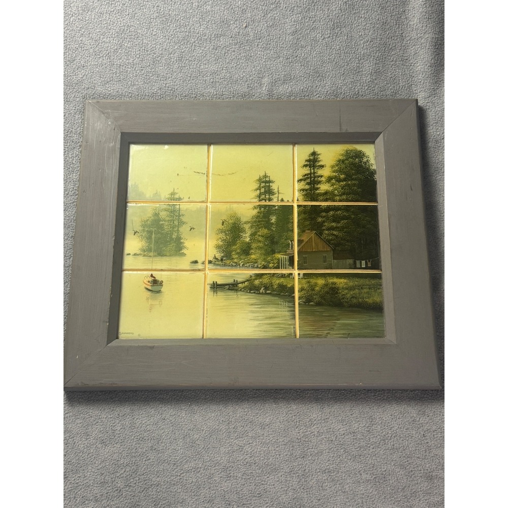 Vintage Saunders Signed Ceramic Tile Mural Lake Cabin Sailboat Framed Art 15x12